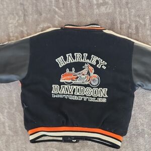 Harley-Davidson Black and Orange Varsity Jacket with Graphic Design